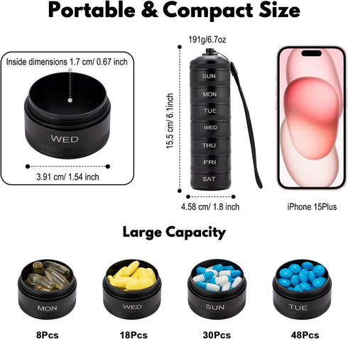 Metal Waterproof Weekly Pill Organizer, 7 Day Large Aluminum Alloy Travel Pill Box, Portable Case for Vitamins and