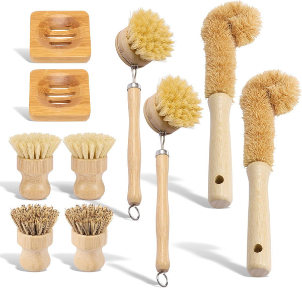 YMKWZ 10 Pcs Bamboo Dish Brush Set, Wooden Dish Brush with Long Handle