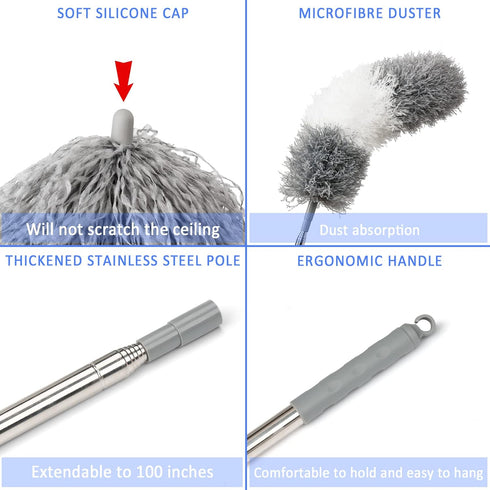 Microfiber Duster Kit, 19 Pcs with 30 to 100 Inches Extension Pole, Washable Feather Duster for Cleaning Ceiling Fans