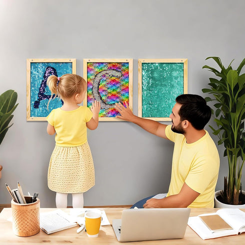 Wibeelee 3 Pcs Flip Sequin Fabric Wood Frame Wall Panel, Sensory Toy Reversible Sequin Flip Fabric Mat with Wood Frame
