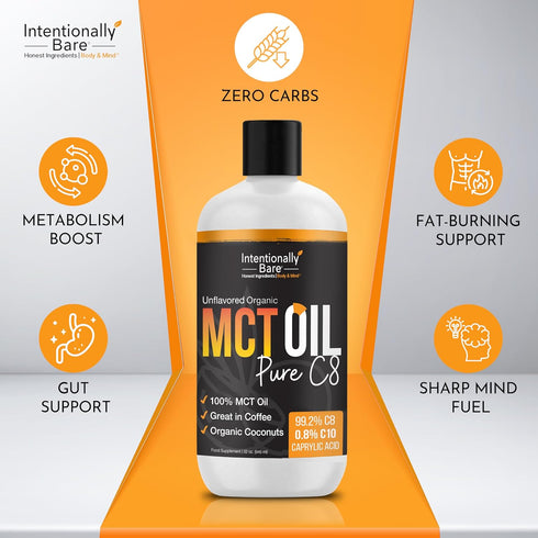 Intentionally Bare Pure C8 MCT Oil Organic - Brain Octane C8 MCT Oil for Keto and Vegan Diet