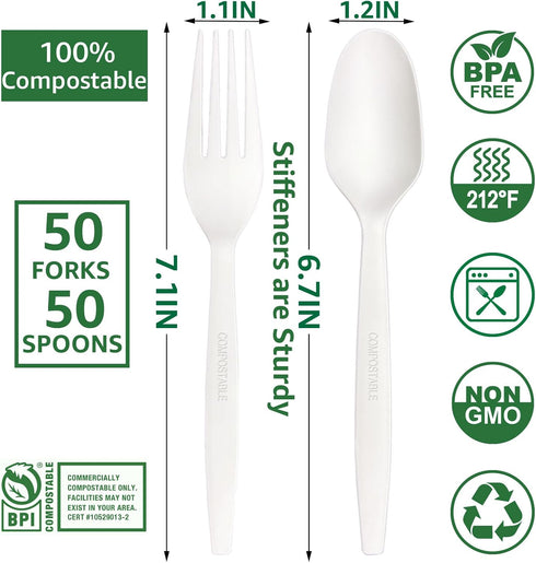 100% Compostable Forks and Spoons Biodegradable Forks and Spoons Heavy Duty No Plastic Forks and Spoons Eco-friendly Disposable Forks and Spoons for Lounge,Party,BBQ,Banquet,Wedding,Picnic. by MISISIPI