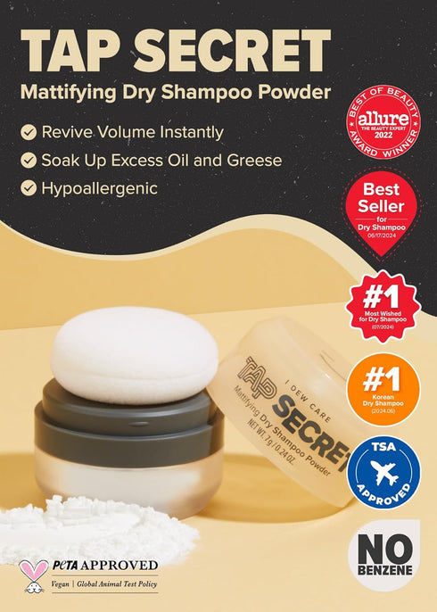 I DEW CARE Dry Shampoo Powder - Tap Secret | With Black Ginseng, Non-aerosol, Benzene-free, Mattifying Root Boost, No White Cast, Travel Size Dry Shampoo for Woman, Hair Care, 0.24 oz.