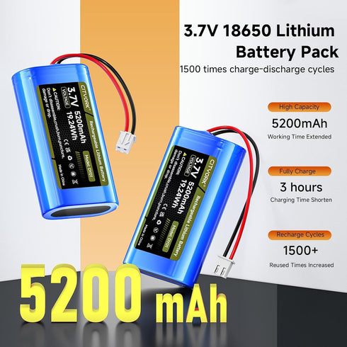 Palowextra 2 Pack 3.7V ICR18650 5200mAh 1S2P XH2.54/2P Lithium ion Rechargeable Battery with JST Plug Connector for DIY