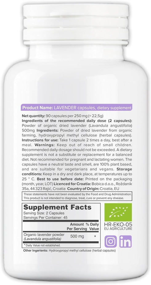 Organic Lavender Capsules - Natural Supplement for Relaxation and Balance, Non-GMO, Gluten-Free, 90 Vegan Capsules