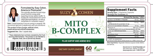 Suzy Cohen, Mito B Complex Dietary Supplement, 5-MTHF, Adeno B12, Supports Healthy Nervous System, 60 Servings