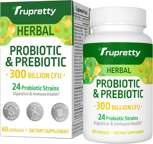 Probiotics for Women and Men - 300 Billion CFU, 24 Strains with 15 Organic Herbs, Vegan, 2 Month Supply for Digestive