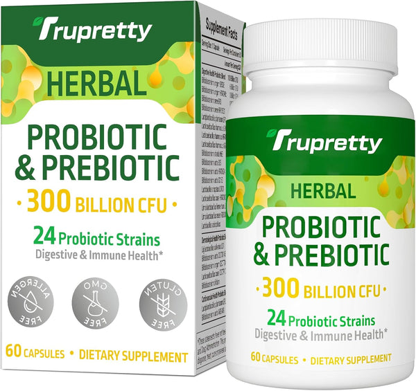 Probiotics for Women and Men - 300 Billion CFU, 24 Strains with 15 Organic Herbs, Vegan, 2 Month Supply for Digestive