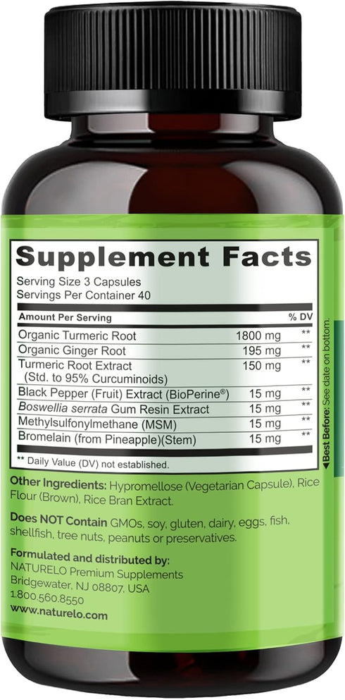 NATURELO Turmeric Curcumin with BioPerine for Better Absorption - Plant-Based Joint Discomfort Support - 120 Vegan
