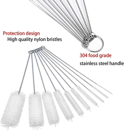 Set of 10 Long Straw Brush, 8-inch Nylon Pipe Tube Cleaner with 10 Different Diameters for Sippy Cup, Water Bottle
