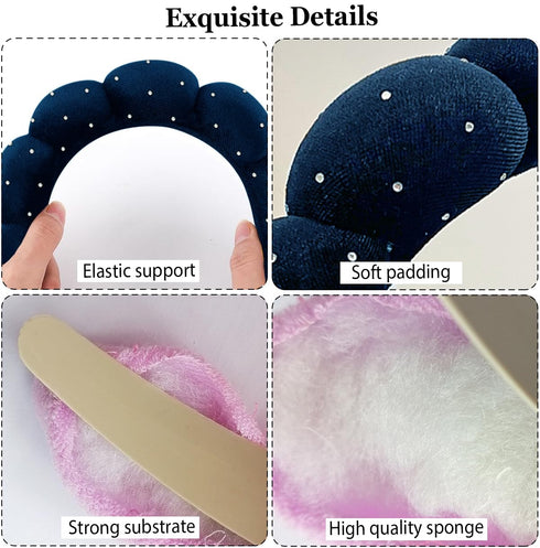 Spa Headbands for Washing Face or Facial, Terry Cloth Fabric Hairbands for Makeup Removal (Navy, Rhinestone)