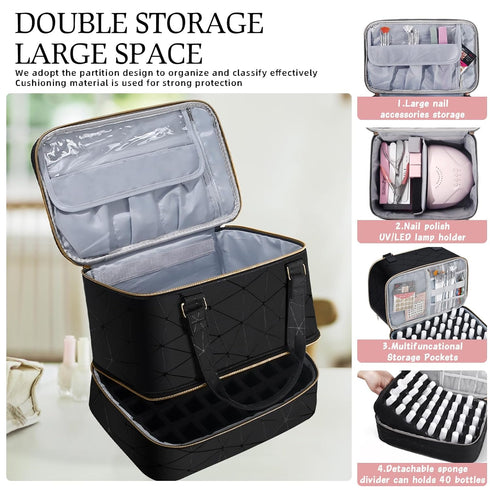 Nail Polish Organizer Case, Holds 40+ Bottles and LED Nail Lamp, Nail Supply Storage for Nail Tech (BLACK)