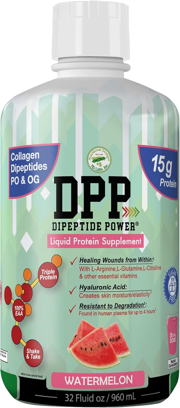 Nutritional Designs DPP Dipeptide, Wound-Healing Liquid Collagen & Whey Protein Supplement, Watermelon, 32 Fl Oz