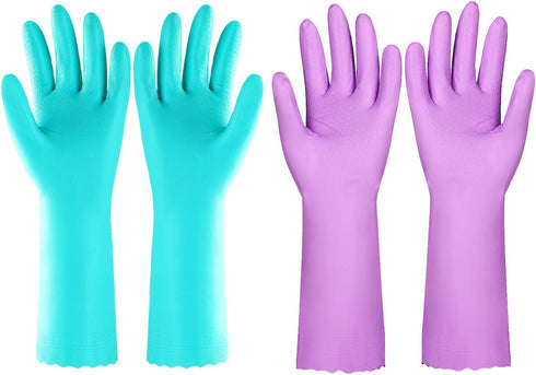 Elgood Reusable Kitchen Gloves - 2 Pairs, Purple & Blue, Medium, Latex-Free with Cotton Lining for Dishwashing
