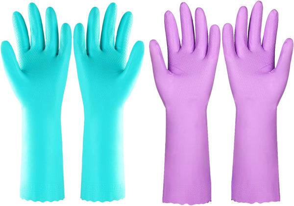 Elgood Reusable Kitchen Gloves - 2 Pairs, Purple & Blue, Medium, Latex-Free with Cotton Lining for Dishwashing