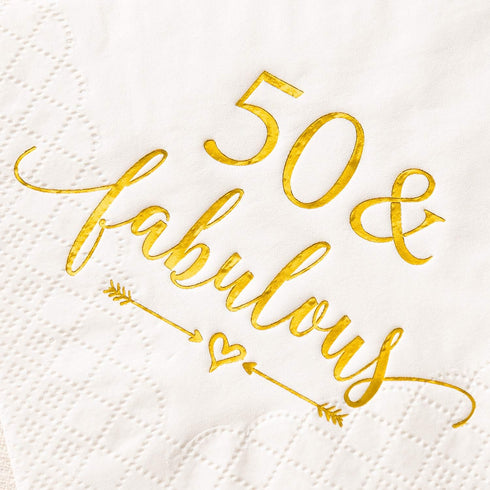 Crisky 50 and Fabulous Cocktail Napkins, Gold, 50Pcs for Women 50th Birthday Decorations, 3-Ply