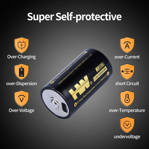 HW USB-C Rechargeable 1.5V Lithium D Batteries, 2-Pack 5000mAh/7500mWh, Fast Charging, Long Lasting