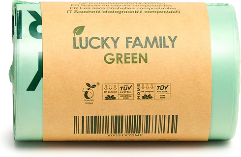 Lucky Family Green Compost Bags - 1.3 to 1.6 Gallon Kitchen Countertop Bin, 100% Compostable Trash Bags