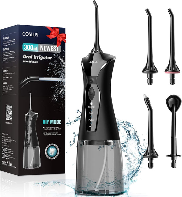 COSLUS Water Dental Flosser Pick for Teeth, 4 Modes Cordless Portable 300ML Water Teeth Cleaner, IPX7 Waterproof