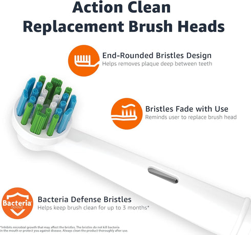 Amazon Basics Action Clean Replacement Brush Heads, 3 Count, White, Fits Most Oral-B Electric Toothbrushes