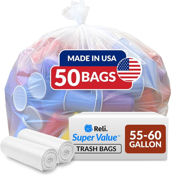 Reli. SuperValue Heavy Duty Trash Bags, 55-60 Gallon, Clear, 50 Count, Made in USA, Multi-Use Garbage Bags