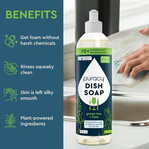 Puracy Dish Soap, Green Tea & Lime, Care for Your Dishes and Your Hands, 99.96% Plant-Based, Natural Liquid Dishwashing Detergent, Skin Friendly Sulfate-Free Kitchen Soap, 16 Fl Oz (Pack of 3)