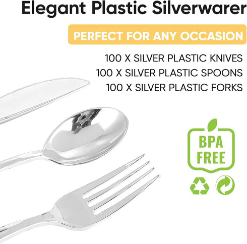 FOCUSLINE 300 Pack Silver Plastic Cutlery Set, 100 Forks, 100 Knives, 100 Spoons, Heavy Duty Disposable Flatware