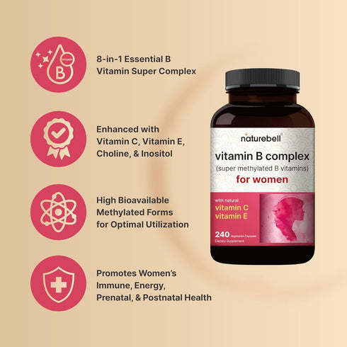 Vitamin B Complex for Women, 240 Veggie Capsules | Super Methylated B Vitamins | Immune, Energy, Prenatal Support
