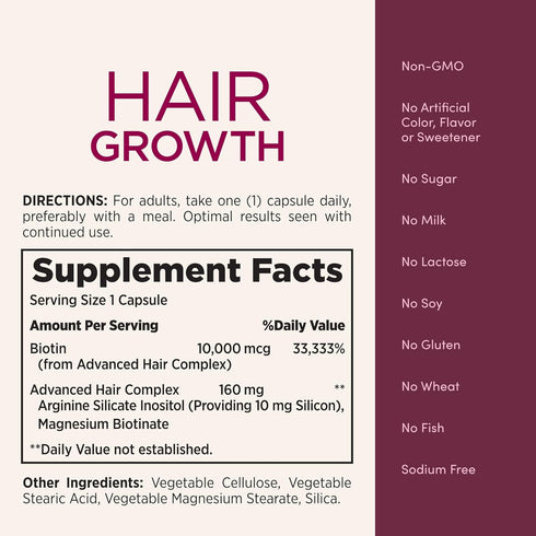 Nature's Bounty Hair Growth Supplement, 1 Per Day - 30 Capsules with Biotin, Silicon & Arginine for Thicker, Fuller Hair