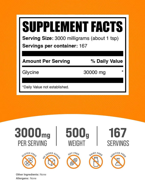 BulkSupplements Glycine Powder, 3000mg per Serving, Pure & Gluten Free, 500g