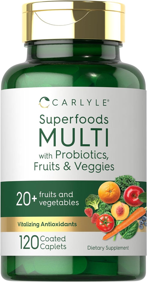 Carlyle Fruits and Veggies Supplement, 120 Count, Superfood Multivitamin with Probiotics, Made with 20 Fruits and