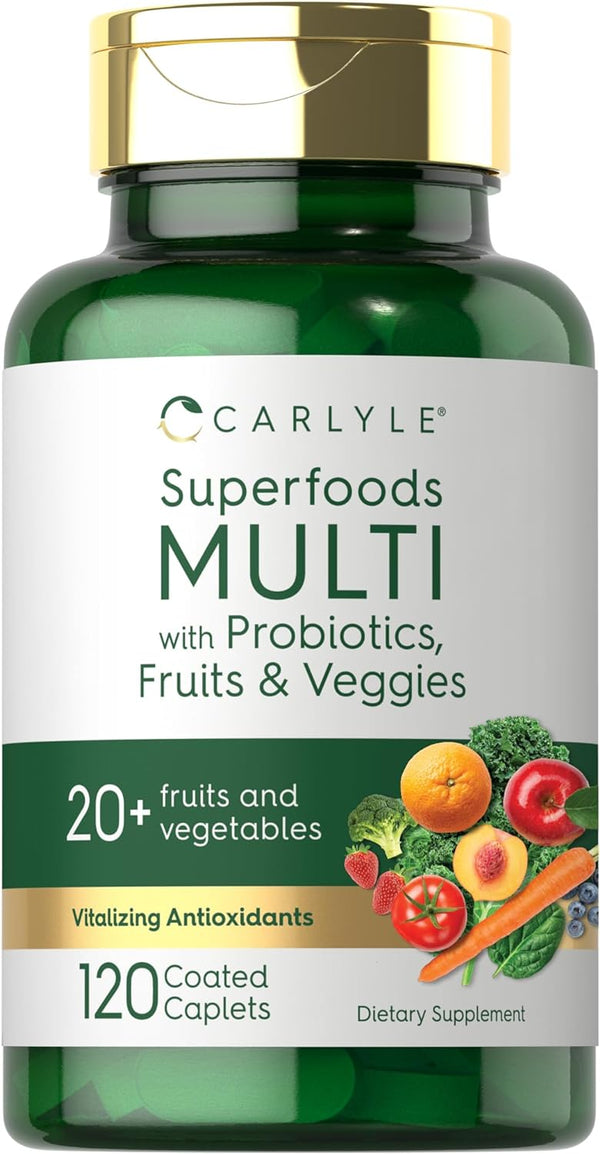 Carlyle Fruits and Veggies Supplement, 120 Count, Superfood Multivitamin with Probiotics, Made with 20 Fruits and
