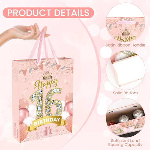 Yoirrat 16th 16th 16th 16th Rose Gold Sweet Birthday Gift Bag for Girls Pink Happy Birthday Gift Bag with Happy