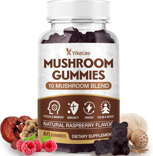 Yikecao Mushroom Gummies for Adults, 10 Blend Mushroom Supplement with Lions Mane, Cordyceps,