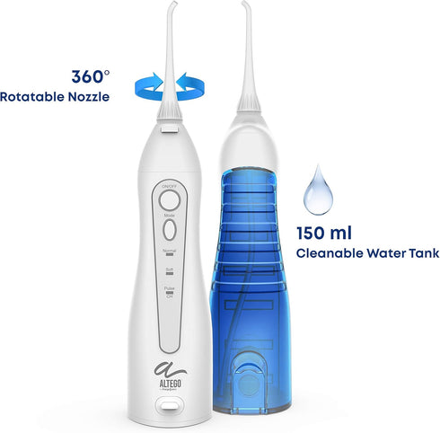 Altego Cordless Water Flosser - Professional Dental Oral Irrigator for Teeth Cleaning, Braces & Bridges - Portable & Rechargeable w. 3 Modes - 150ml Detachable Water Tank -Waterproof for Home & Travel