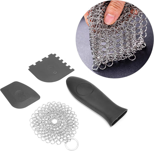 Chainmail Scrubber Kit for Cast Iron Pans, Stainless Steel Cleaner with Toothed Scraper and Handle Cover, Durable for