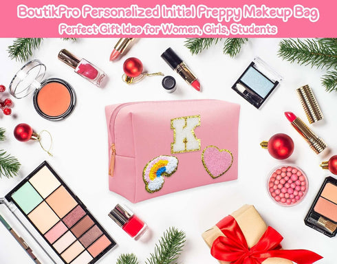 Personalized Initial Preppy Makeup Bag Set, Monogram Waterproof Travel Cosmetic Bag for Women