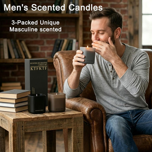 Set 3 Pack Men's Scented Candle Gift - Natural Soy Candles for Men,Teakwood, Sandalwood & Vanilla - Masculine