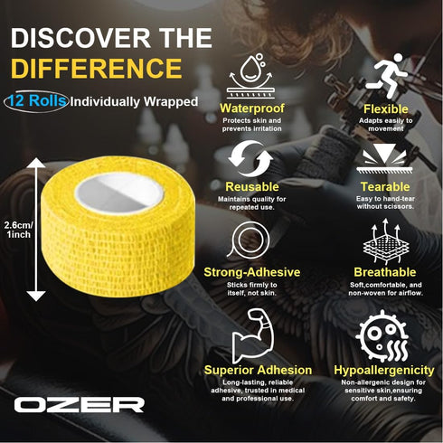 OZER 12 Pack 1 Inch 5 (1 1lnch) x Yards Self Adhesive Bandage Breathable Cohesive Bandage Wrap Rolls Elastic