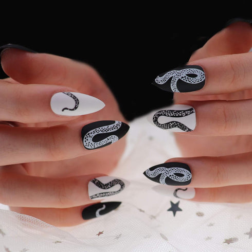 MISUD Medium Stiletto Press on Nails with Goth Snake, Acrylic Gothic Black White Design, 24 pcs