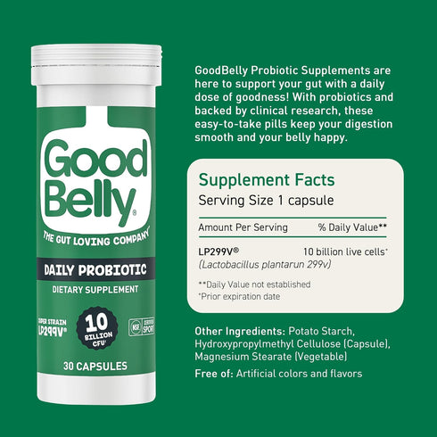 GoodBelly Probiotic Capsules for Digestive Health | Vegan Supplement with 10 Billion Live Cultures | 30 Capsules for
