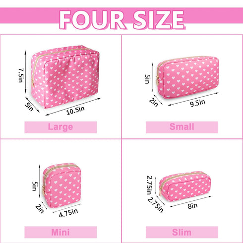 Cute Waterproof Small Pencil Case Makeup Bag for Purse, Preppy Nylon Makeup Brush Holder with Zipper (Slim-Pink Heart)