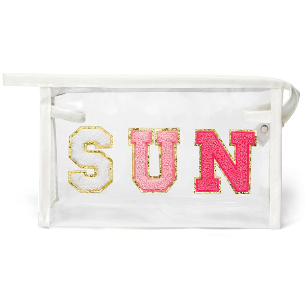 Y1tvei Clear SUN Makeup Bag, Preppy Rose Red Chenille Varsity Letter Cosmetic Bag for Women, Waterproof Organizer