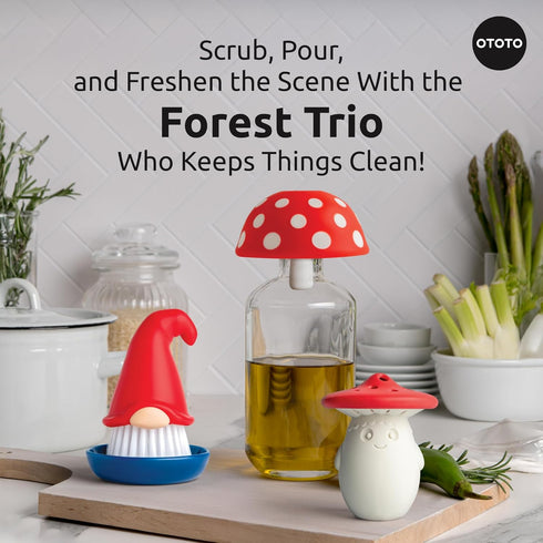 OTOTO Forest Trio Bundle of Beardy, Magic Mushroom, Fun Guy - Gnomes Dish Brush, Fungilicious Kitchen Funnel, Fridge