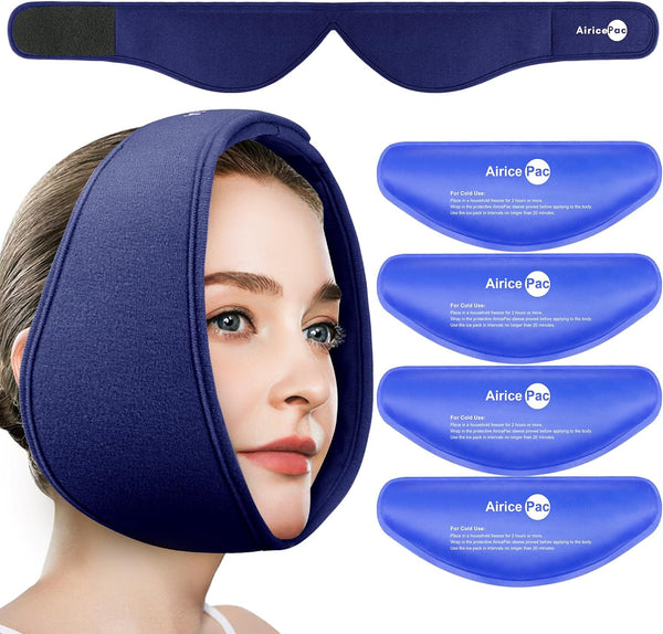 Wisdom Teeth Ice Pack Head Wrap, Blue Face Ice Pack for Oral Surgery Pain Relief with 4 Reusable Cold Therapy Gel Packs