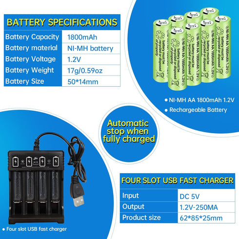 Fytoo 8PCS 1.2V 1800mAh Ni-MH AA Batteries &USB Charger for Wireless Microphone, Electric Toys,RC Mouse, Calculator, Shaver,Keyboard, Household Appliances, Solar Lights Rechargeable Batteries