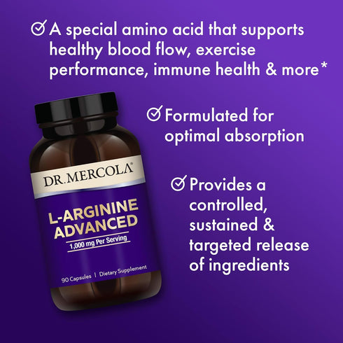 Dr. Mercola L-Arginine Advanced - 30 Servings (90 Capsules), 1,000 mg Per Serving, Supports Energy Production