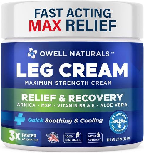 OWELL NATURALS Maximum Strength Relief Legs Cream - Fast Acting Natural with Aloe Vera and Vitamin E