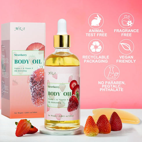 MR.A 2 Pack Strawberry Body Oil Juice Scented, Vitamin E Body Oil after Shower with Jojoba Oil