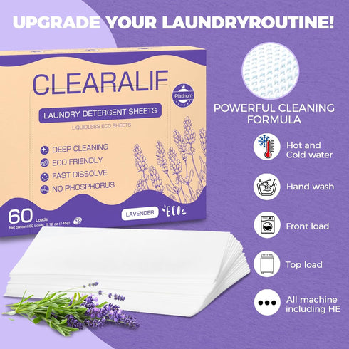 Laundry Detergent Sheets, Up to 60 Loads, Fresh Lavender, Biodegradable, Lightweight for Travel